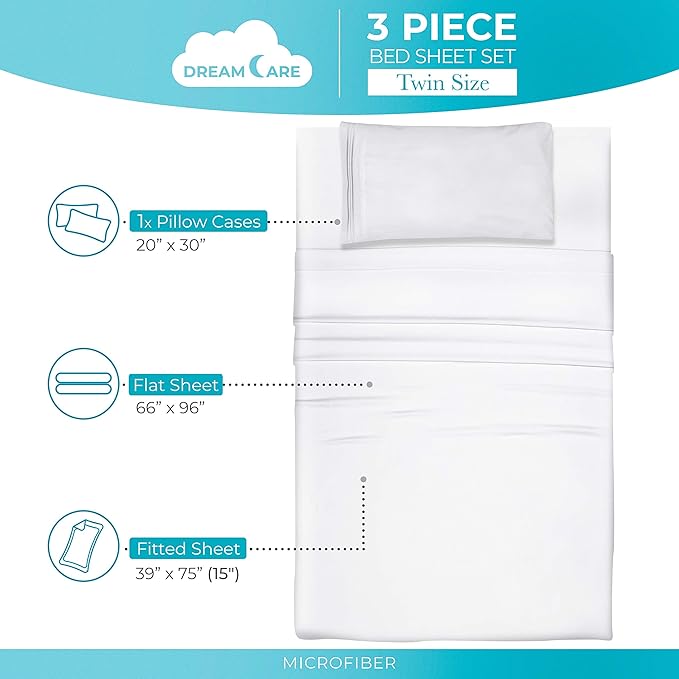 DREAMCARE Twin Sheets Set – 3pcs Cooling Sheets – up to 15” Deep Pocket Twin Sheet Set – Hotel Luxury Sheets & Pillowcases – Superior Softness 100% Fine Microfiber with Side Pocket – White