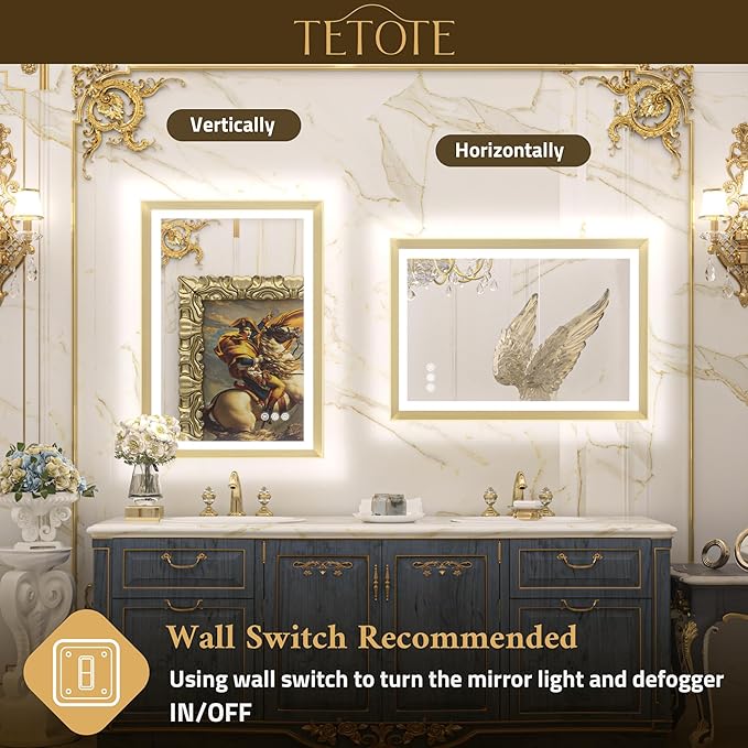 TETOTE Gold LED Mirror for Bathroom 24x32 Metal Frame Frontlit & Backlit Lighted Vanity Mirror Baroque Anti Fog Stepless Dimmable White/Warm/Natural,CRI90+,Wall Mounted(Horizontal/Vertical)
