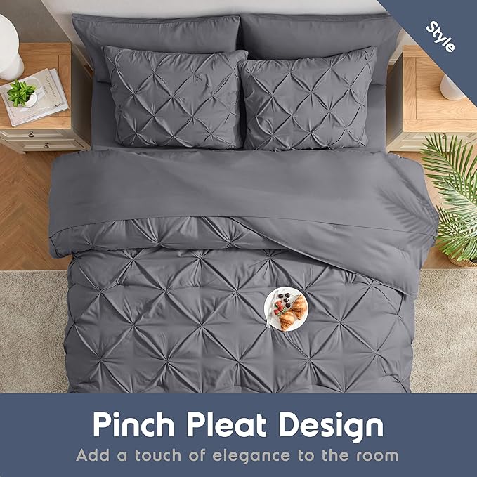 Nestl California King Comforter Set 7 Piece - Pintuck Cal King Comforter Set Dark Grey, California King Bed in a Bag, All Season Bed Set with Flat Sheet and Fitted Sheet, Pillowcases and Shams