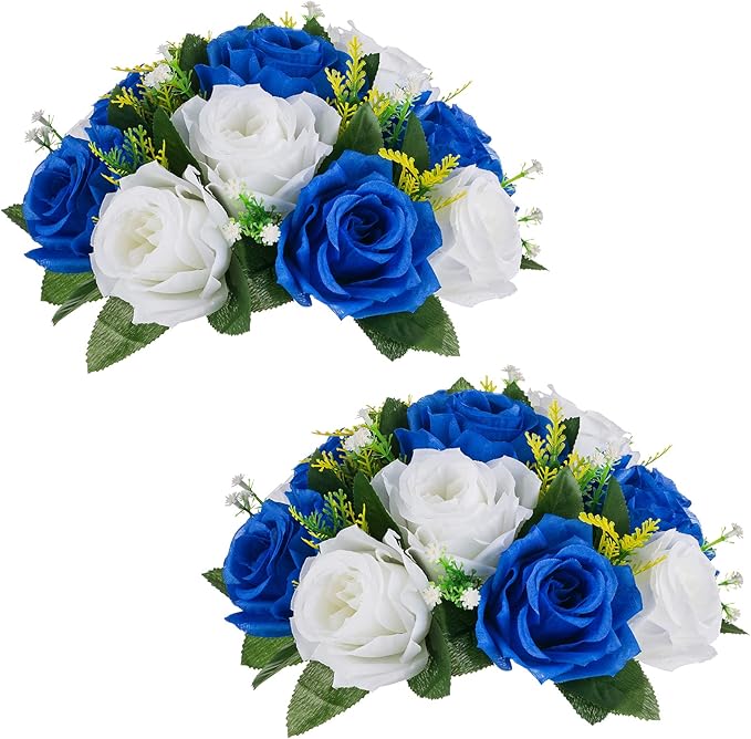 NUPTIO Flower Ball Arrangement Bouquet - 2 Pcs 9.5 inch Diameter Royal Blue Fake Flowers Roses Balls for Centerpieces Tables - Artificial Rose Arrangements for Wedding Centerpiece Table Decorations