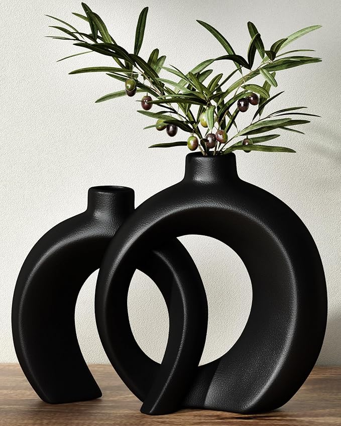 Round Donut Vase Set of 2 - Minimalist Nordic Modern Ceramic Decorative Black Vases For Home Office Book Shelf,Table Decor for Living Room,Coffee,Tv Stand Entry Console Mantle Decoration (Matte Black)