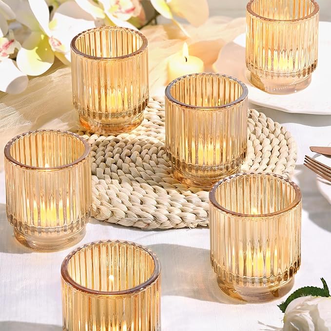 DEVI 8pcs Large Gold Votive Candle Holders for Wedding Centerpieces, Glass Tea Lights Candle Holder Decor, Wedding Bridal Shower Party Table Decor, Vintage Boho Easter Decor for Table