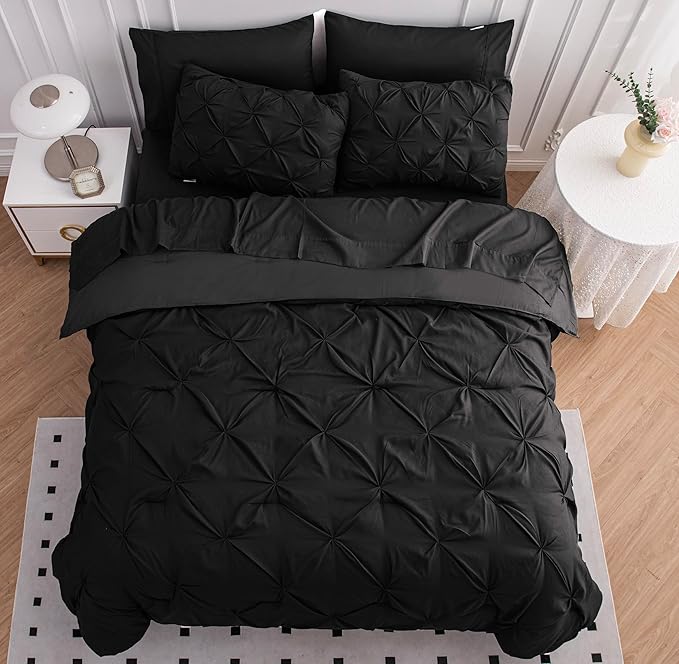 LANE LINEN Comforter Set - 7 Piece Complete Set Including Sheets, Pillowcases, Shams - Soft Premium King Size Bed in a Bag Set, Pintuck - Black