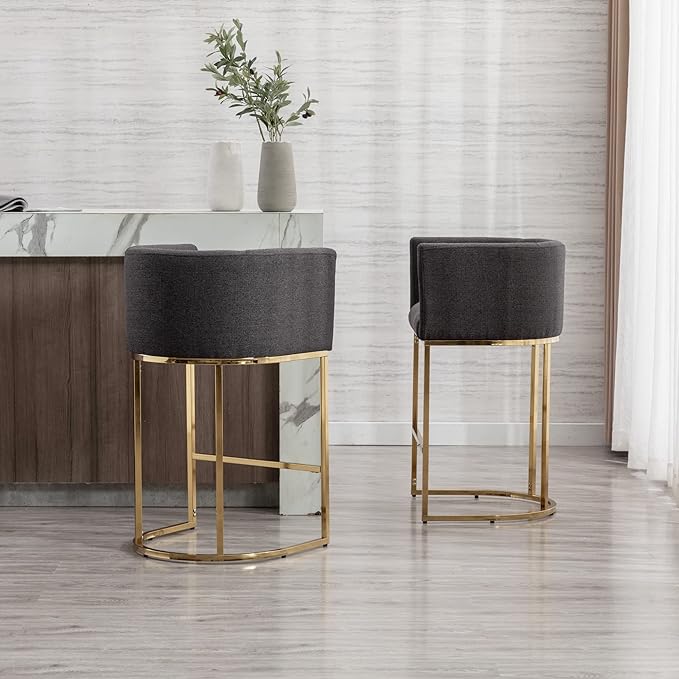 Modern Counter Height Linen Upholstered Bar Stools Set of 2, 29" Kitchen Counter Island Stools Bar Chairs with Gold Metal Frame for Kitchen Island, Charcoal