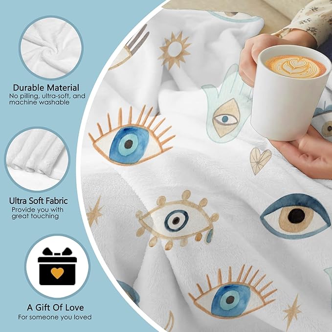 Evil Eye Pattern Throw Blanket Super Soft Cozy Plush Fleece Blanket Decorative Fuzzy Lightweight Blankets for Sofa Couch Bed Camping, 90"x120"-Familys/King Size
