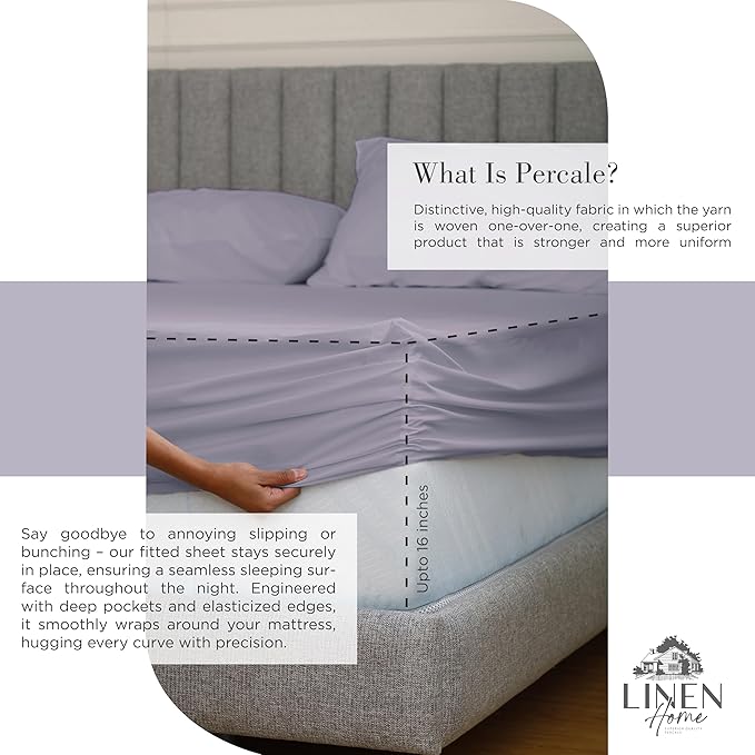 Linen Home 100% Cotton Percale Sheets Full Size, Prelude Purple, Deep Pocket, 4 Pieces Set - 1 Flat, 1 Deep Pocket Fitted Sheet and 2 Pillowcases, Crisp Cool and Strong Bed Linen