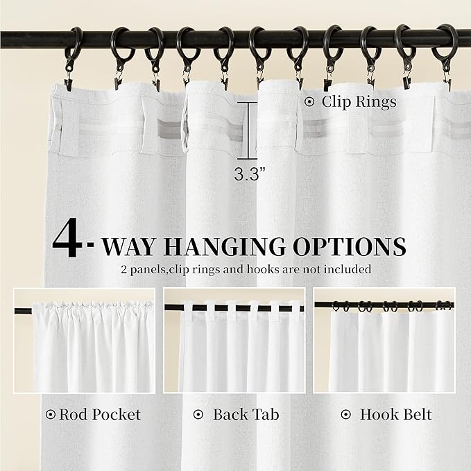 KangBang White Blackout Curtains 108 Inches Long 2 Panels Set, Extra Long Thermal Insulated Room Darkening Linen Curtains Loop Pocket Back Tab with Hooks for Track(52Wx108L, Pure White)