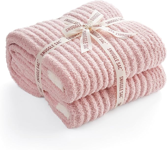 Snuggle Sac Luxury King Size Blanket for Bed, Cozy Soft Fuzzy Microfiber Knit Stripe Bedding Blankets, Pink, 108x90 inches
