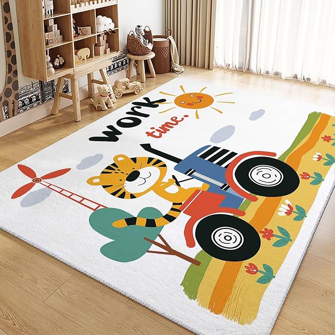 Washable Area Rug 2x3 ft Cartoon Farm Tiger Tractor Area Rug for Living Room, Soft Low Pile Rugs, Non-Slip Carpet, Home Decor Floor Rug for Bedroom Dining Room Kitchen