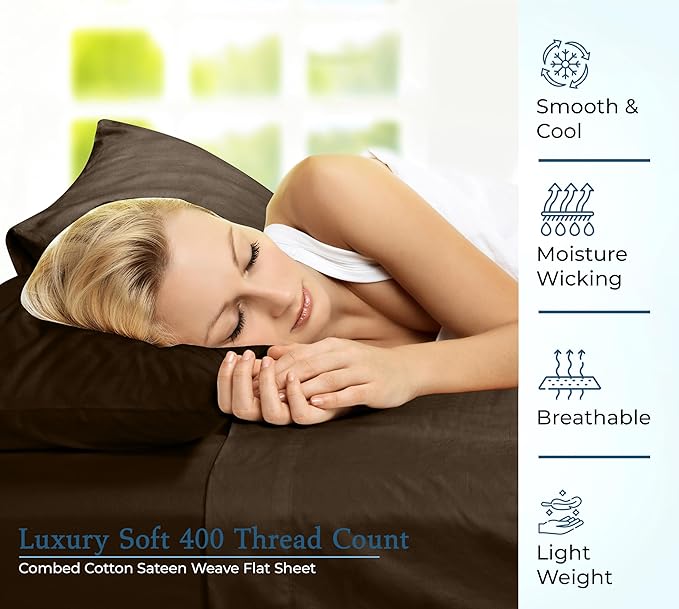 400 Thread Count 100% American Grown Cotton Chocolate Flat Sheet Only - Cooling Sheets - Luxury Sateen Weave - Full Size Flat Sheet Sold Separately - Super Soft Cotton Top Sheets (Full, Hazel Nut)