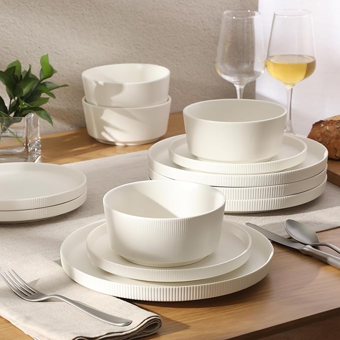 Gibson Home Dempsey Road 12-Piece Stoneware Dinnerware Set – Service for 4, Round White Plates and Bowls, Durable Solid Color Modern Embossed Dish Set, Microwave & Dishwasher Safe