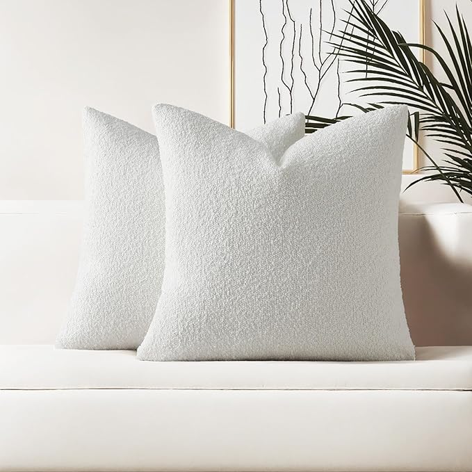 HAUSSY Set of 2 22x22 Decorative Throw Pillow Covers, Soft Cozy Textured Boucle Couch Cases, Home Decor for Couch Bed Living Room, White