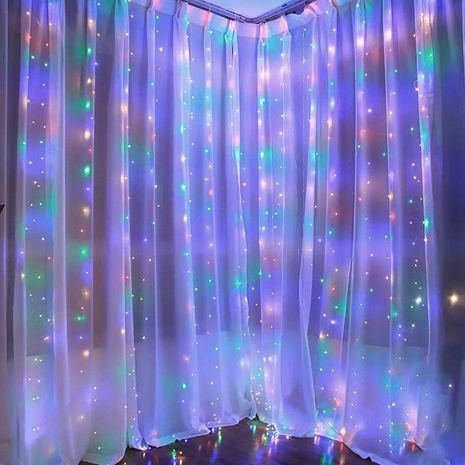 Dazzle Bright Window Curtain String Lights, 300 LED 9.8ft x 9.8ft Multicolor Fairy Lights with 8 Lighting Modes, Waterproof Lights for Bedroom Party Wedding Home Garden Wall Decor