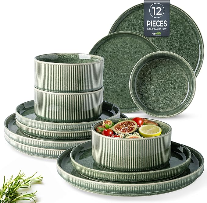 GBHOME Stoneware Dinnerware Sets for 4,Round Reactive Glaze Ceramic Plates and Bowls Set,Highly Scratch Resistant| Dishwasher & Microwave Safe Dishes Set,Service for 4(12Pcs)