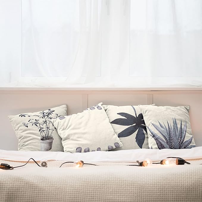 Ambesonne Botanical Throw Pillow Cushion Case Pack of 4, Minimalist Watercolor Painting Leaves Agave Branches Plant in a Pot, Modern Accent Double-Sided Digital Printing, 18", Purpleblue and Dimgray