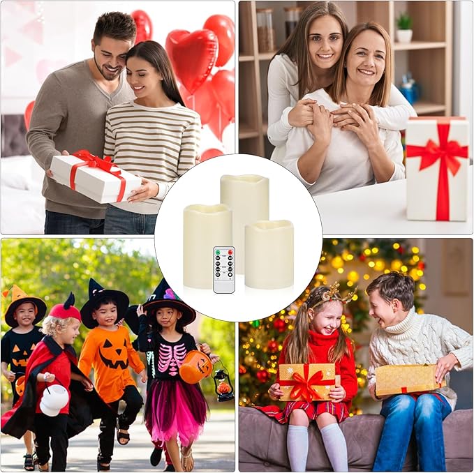 Flameless Candles 4" 5" 6" Set of 3 Ivory Outdoor Indoor Pillars 3" Diameter Battery Operated Flickering Candles Include 10-Key Remote Timer Function 400+ Hours Requires 2 AA Batteries