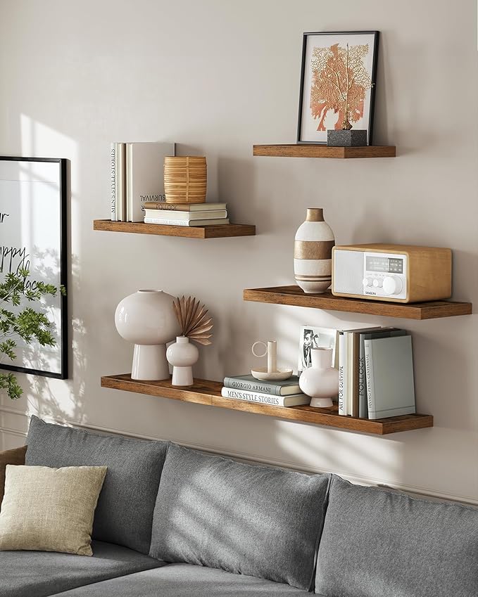 VASAGLE Wall Shelves Set of 2, Floating Shelves, Wall Mounted, 8 x 23.6 x 1.5 Inches, Display Shelves for Picture Frames, Wall Decor, Hanging Shelf for Living Room, Kitchen, Rustic Brown ULWS056B01