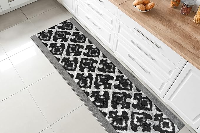 Custom Length Cut to Size Fleur de Lis Inspired Carpet Runner Rug for Hallways, Non Slip Rubber Backed, 31 inch Wide X Customized Length, Royal Grey, 31 inch X 15 feet