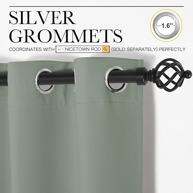 NICETOWN Greyish Green Nursery Essential Thermal Insulated Solid Grommet Top Blackout Short Curtains/Drapes for Son's Room (1 Pair, 42 x 63 inches)