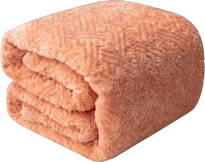 DaDa Bedding Coral Pastel Peach Rose Faux Fur Throw Blanket - Dreamy Geometric Embossed Sherpa Backside - Super Soft Warm Cozy Plush Fluffy - 90" x 90"