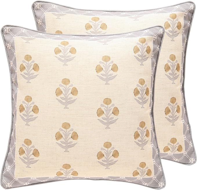 patdrea Designer Square Throw Pillow Covers Set of 2,Rustic Linen with Elegant Grey Blue Floral Pattern Pillows Cover,Decorative Pillowcases Cushion for Bed Living Room Outdoor Car,18 x18 Inches
