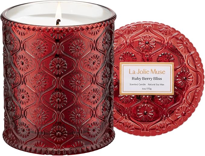 LA JOLIE MUSE Ruby Berry Bliss Scented Candle – Mandarin, Cranberry & Plum | 6 oz Festive Fall Candle | 40 Hours Clean Burn|Vibrant Scent| Gift for Hosts|Fall Tablescapes