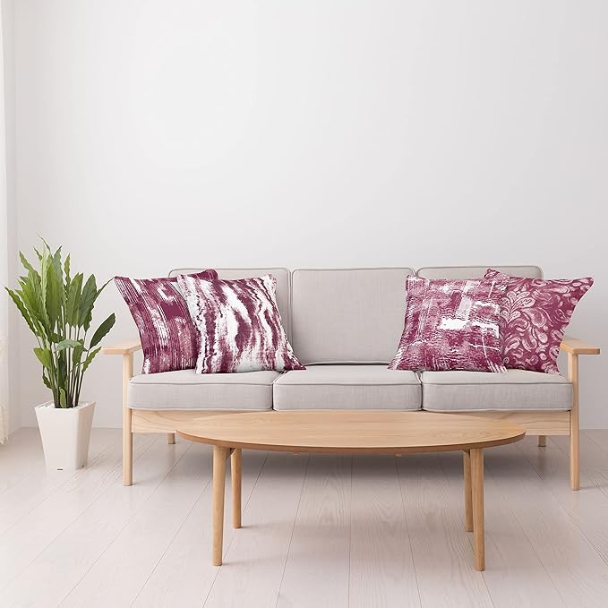 Ambesonne Vintage Throw Pillow Cushion Case Pack of 4, Abstract Grunge Effect Brushstrokes and Waving Striping Stains Paisley Drops, Modern Accent Double-Sided Digital Printing, 24", Raspberry Rose