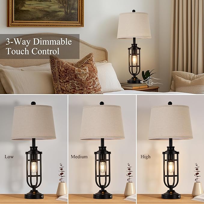 28" Table Lamps for Living Room Set of 2, Farmhouse Lamps for Night Stands with USB A+C, Bedside Lamps for Bedroom End Tables, Bulbs Included, Black