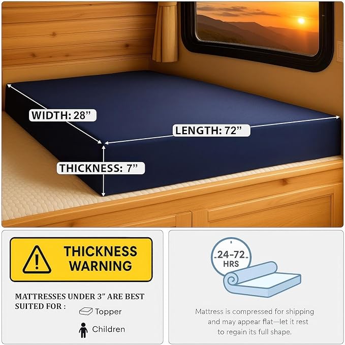 Foamma 7” x 28” x 72” Water Resistant RV Bunk Mattress, Firm High Density Foam, Comfortable and Durable Polyester Cover, Truck, Camper, Travel Trailer, Made in USA