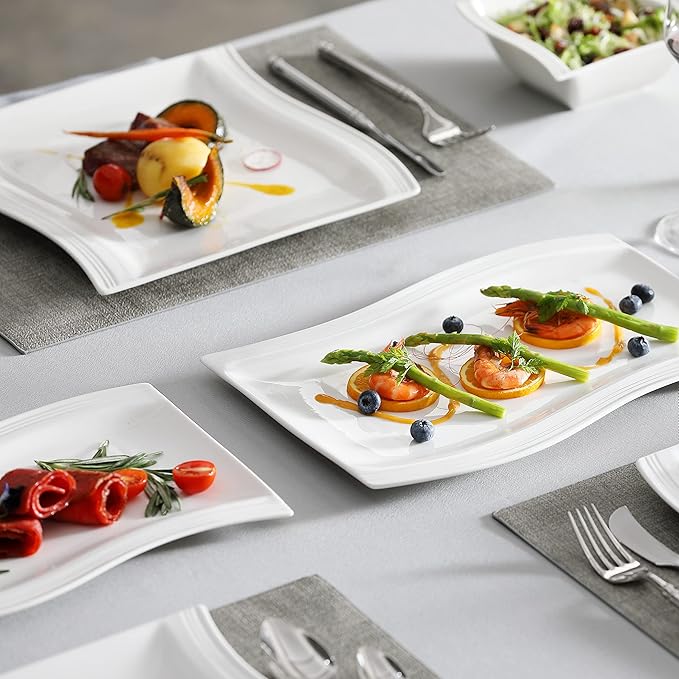 MALACASA Plates and Bowls Sets, 26 Pieces Ivory White Porcelain Dinnerware Sets without Mugs, Square Dinnerware with Dinner Plates, Bowls and Serving Platters, Modern Dish Set for 6, Series Flora