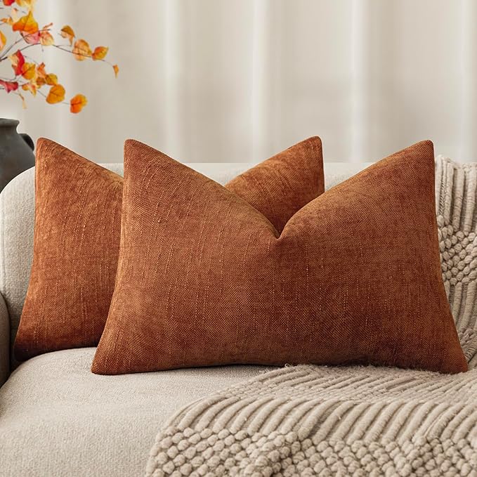 Foindtower Pack of 2 Textured Chenille Throw Decorative Pillow Covers Square Accent Solid Cushion Cover Neutral Farmhouse Lumbar Pillow Case for Couch Sofa Bedroom Living Room 12x20 Inch,Orange