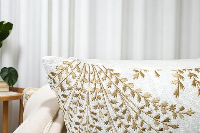 Rohan Leaves Embroiderd Decorative Square Accent Throw Pillow Cover - Sofa, Chair, Couch, Bedroom, Living Room, Farmhouse Home Decor - 20x20 Inches, Ivory