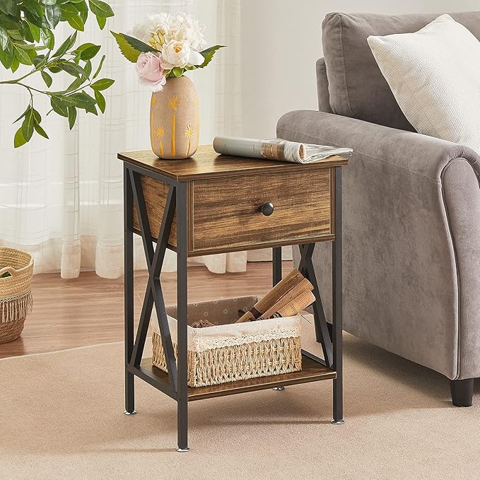 VECELO Nightstands Set of 2, Modern Bedside End Tables, Night Stands with Drawer and Storage Shelf for Living Room Bedroom, Industrial Metal Frame
