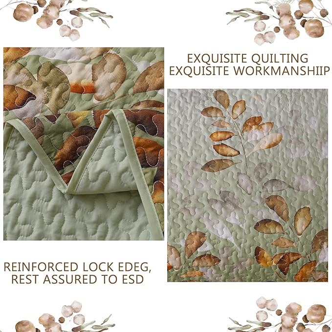 WONGS BEDDING Quilt Set King Size,3 Pieces Green-Brown Floral Bedspread Coverlet Set, Soft Microfiber Lightweight Floral Bedding Set King 104"×90"
