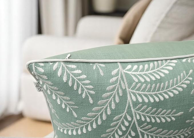 Fern Leaves Embroiderd Decorative Square Accent Throw Pillow Cover - Sofa, Chair, Couch, Bedroom, Living Room, Farmhouse Home Decor - 20x20 Inches, Light Teal