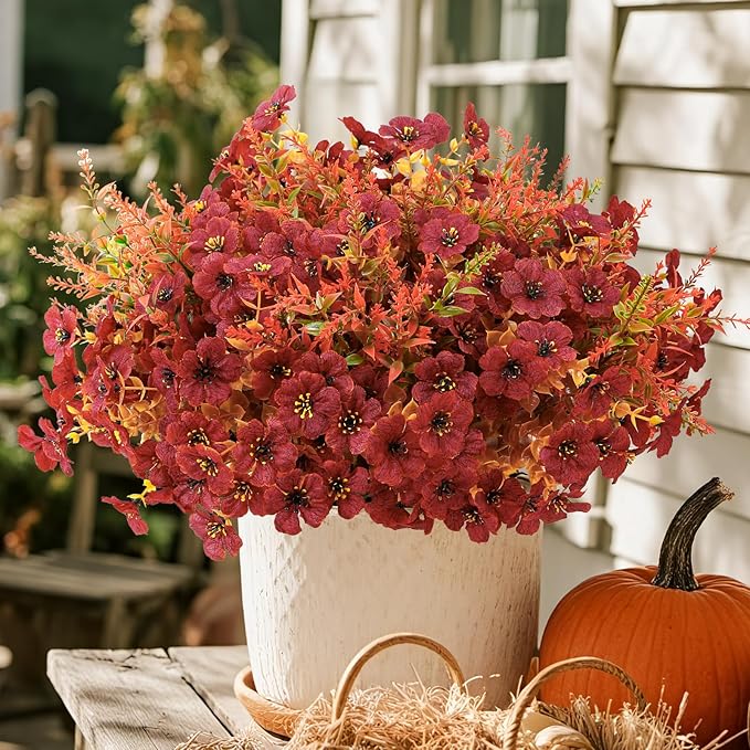 SHareconn 48 Bundles Artificial Fall Flowers for Outdoors Decoration, UV Resistant Silk Eucalyptus Lavender Faux Autumn Fake Plants for Outside Indoor Garden Yard Porch Home Decor, Orange Brown