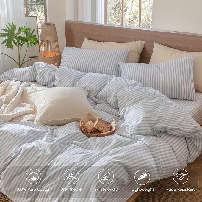 MooMee Striped Duvet Cover Set 100% Washed Cotton Linen Like Textured Breathable Durable Soft Comfy (Cornflower Blue White Classic Stripes, Palatial King/Oversized King 120"x98")