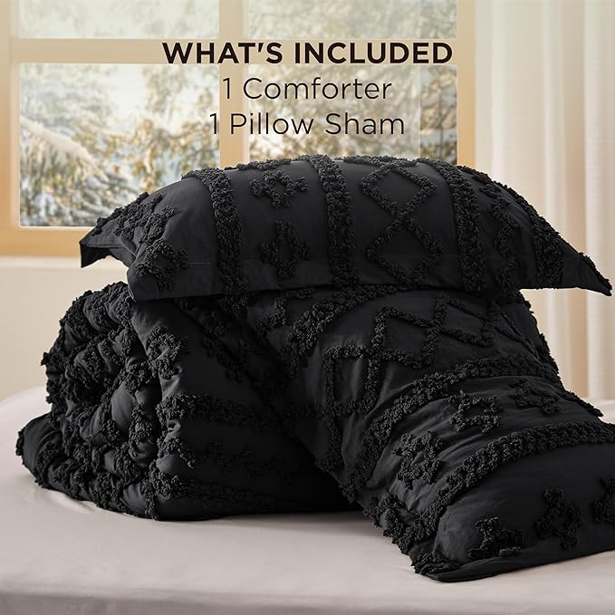 Bedsure Tufted Boho Comforter Set Twin Size - Black Boho Bed Set, GentleSoft™ 2 Pieces Farmhouse Shabby Chic Embroidery Bedding, Gifts for Woman, Soft Jacquard Twin Comforter for All Seasons