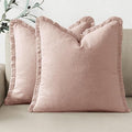 Woaboy Set of 2 Decorative Linen Fringe Throw Pillow Covers Boho Farmhouse Cushion Covers Accent Pillowcases with Tassels for Living Room Couch Sofa Bed Chair,18x18 Inch,Light Pink
