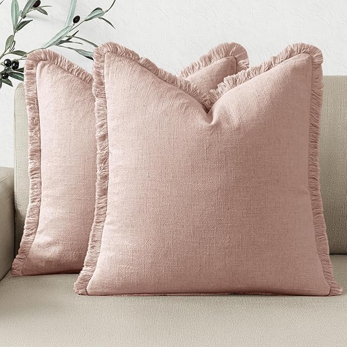 Woaboy Set of 2 Decorative Linen Fringe Throw Pillow Covers Boho Farmhouse Cushion Covers Accent Pillowcases with Tassels for Living Room Couch Sofa Bed Chair,18x18 Inch,Light Pink