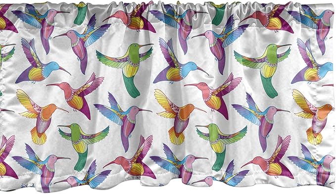 Lunarable Hummingbird Window Valance Pack of 2, Colorful Summer Cartoon Birds Exotic Fauna Design Colibri Pattern Illustration, Rod Pocket Curtain Valances for Kitchen Bedroom, 54" X 12", Lilac Green