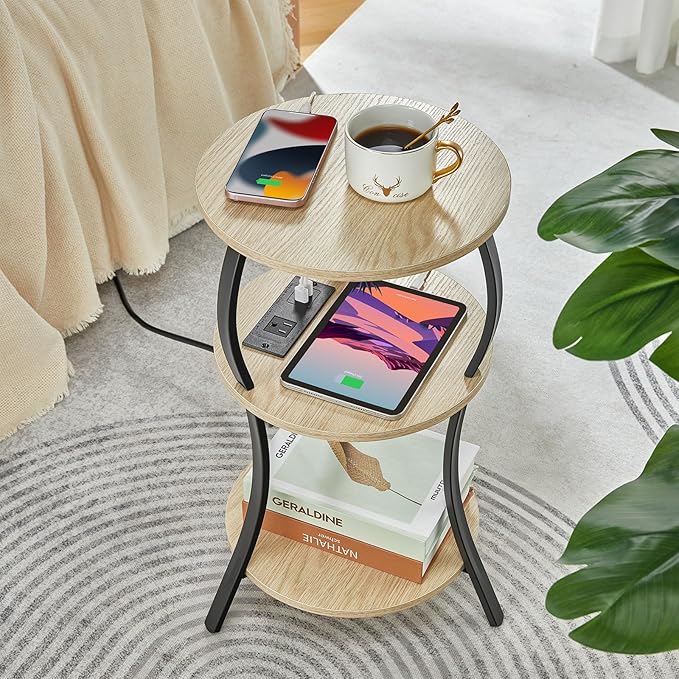 Small Round Side Table with Charging Station, 3-Tier Waist Circular End Table with Storage Shelf, Compact Tea Sofa Side Table Small Spaces, Round Corner Coffee Table for Living Room Bedroon,Oak