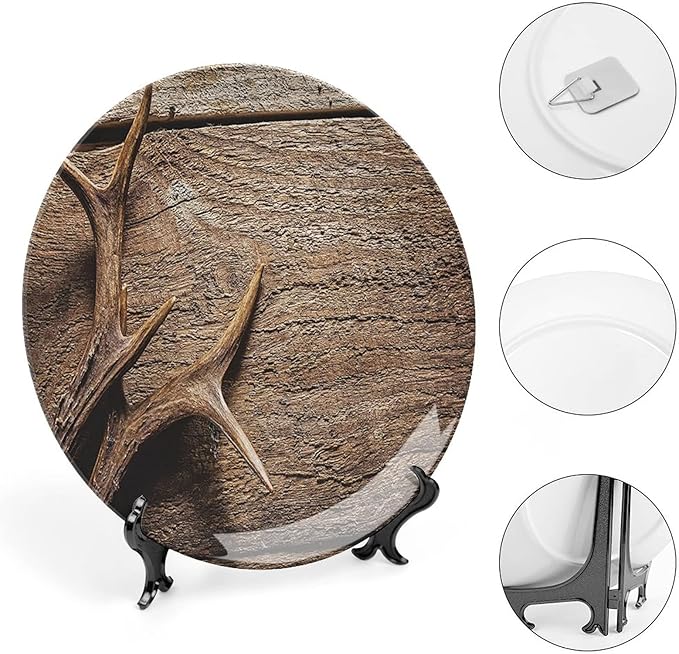 XISUNYA 10 Inch Decorative Plate, Antlers Tableware Plate, Deer Antlers On Wood Table Rustic Hunting Season Print Ornament Display Plate Decor Accessory for Dining, Parties, Wedding