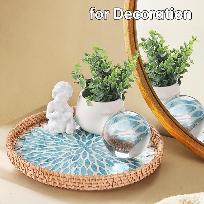 Round Rattan Tray with Mother of Pearl Inlay, Rattan Serving Tray for Coffee, Bread, Fruits, Decorative Wicker Tray for Table Decor, Home Decor, Kitchen Island Decor (Turquoise Leaf, 11.8")