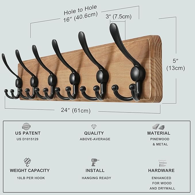 Dseap Coat Rack Wall Mounted - 24" Long 6 Tri Hooks, Heavy Duty Wooden Wall Coat Hanger Coat Hook for Clothes Hat Jacket Clothing, Weathered Brown and Black, Pack of 2
