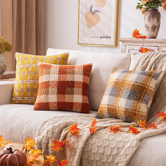 Orange Plaid Fall Throw Pillow Covers 18x18 Inch Set of 2, Boucle Decorative Pillow Covers,Cozy Fluffy Home Living Room Farmhouse Decor for Sofa Couch Bed
