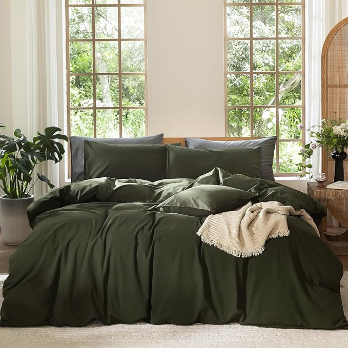 MooMee Bedding Duvet Cover Set 100% Washed Cotton Linen Like Textured Breathable Durable Soft Comfy (Solid Olive Green, Super King 108"x98")