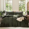 MooMee Bedding Duvet Cover Set 100% Washed Cotton Linen Like Textured Breathable Durable Soft Comfy (Solid Olive Green, Queen 90"x90")