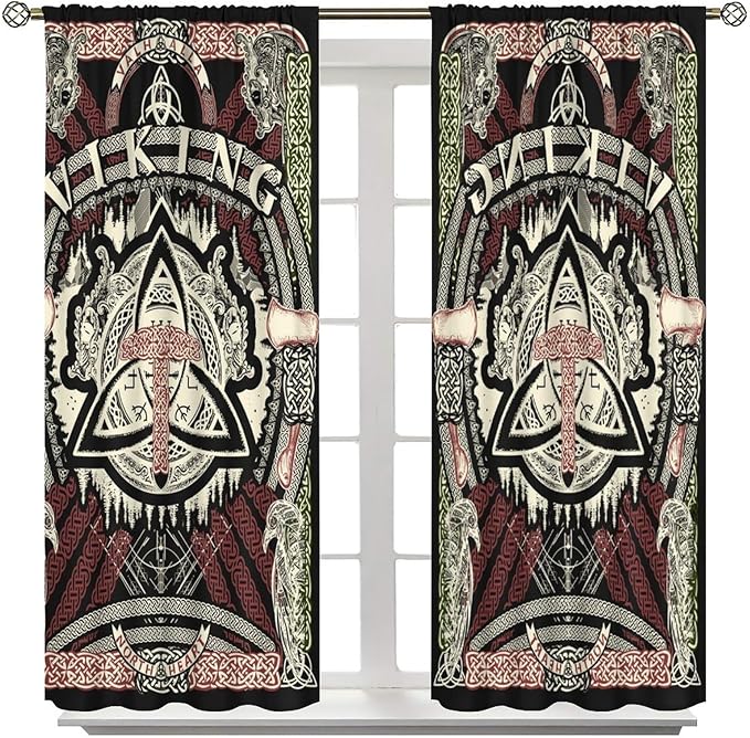 Viking Curtains Nordic Mythology Rune Weapon Antique Viking Pirate Crow Art Pattern Printed Curtains Bedroom Living Room Decoration Blackout Curtains W42 * L45 Inch