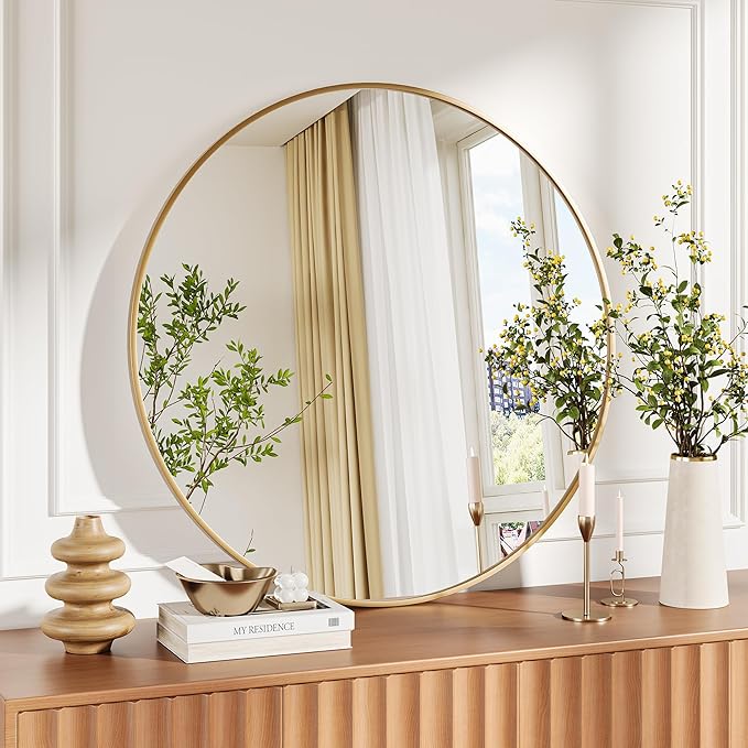 30" Gold Round Mirror for Wall, Large Circle Bathroom Mirror for Over Sink, Matte Gold Metal Frame, HD Eco-Friendly Glass, Contemporary Vanity Entryway Hallway Living Room Home Decor, Easy to Hang